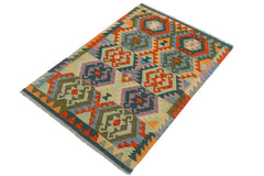 Flat Weave Kilim Antique Navaho Vintage handmade Geometric Kilim Beige Blue Hand-Woven Rectangle 100% Wool Area Rug 3x5