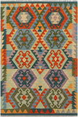 Flat Weave Kilim Antique Navaho Vintage handmade Geometric Kilim Beige Blue Hand-Woven Rectangle 100% Wool Area Rug 3x5