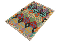 Flat Weave Kilim Antique Navaho Vintage handmade Geometric Kilim Blue Beige Hand-Woven Rectangle 100% Wool Area Rug 3x5