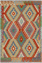 Flat Weave Kilim Antique Navaho Vintage handmade Geometric Kilim Blue Rust Hand-Woven Rectangle 100% Wool Area Rug 3x5