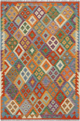 Flat Weave Kilim Antique Navaho Vintage handmade Geometric Kilim Rust Blue Hand-Woven Rectangle 100% Wool Area Rug 4x5