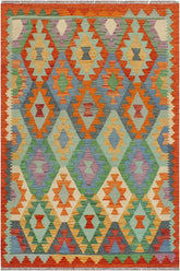 Flat Weave Kilim Antique Navaho Vintage handmade Geometric Kilim Blue Rust Hand-Woven Rectangle 100% Wool Area Rug 3x5