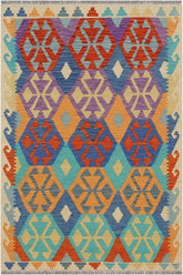 Flat Weave Kilim Antique Navaho Vintage handmade Geometric Kilim Blue Beige Hand-Woven Rectangle 100% Wool Area Rug 3x5