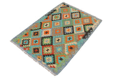 Flat Weave Kilim Antique Navaho Vintage handmade Geometric Kilim Gray Blue Hand-Woven Rectangle 100% Wool Area Rug 3x5