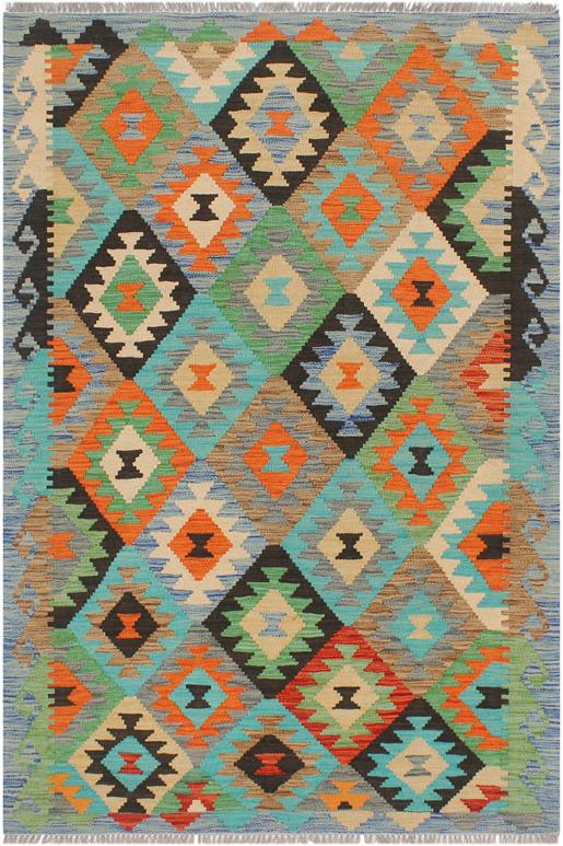 Flat Weave Kilim Antique Navaho Vintage handmade Geometric Kilim Gray Blue Hand-Woven Rectangle 100% Wool Area Rug 3x5