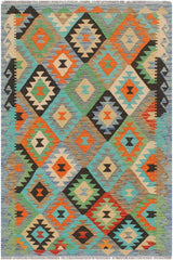 Flat Weave Kilim Antique Navaho Vintage handmade Geometric Kilim Gray Blue Hand-Woven Rectangle 100% Wool Area Rug 3x5