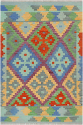 Flat Weave Kilim Antique Navaho Vintage handmade Geometric Kilim Blue Rust Hand-Woven Rectangle 100% Wool Area Rug 3x5