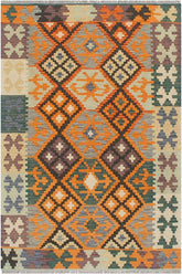 Flat Weave Kilim Antique Navaho Vintage handmade Geometric Kilim Orange Green Hand-Woven Rectangle 100% Wool Area Rug 3x5