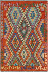Flat Weave Kilim Antique Navaho Vintage handmade Geometric Kilim Rust Blue Hand-Woven Rectangle 100% Wool Area Rug 3x5