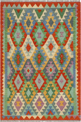 Flat Weave Kilim Antique Navaho Vintage handmade Geometric Kilim Blue Rust Hand-Woven Rectangle 100% Wool Area Rug 3x5
