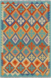 Flat Weave Kilim Antique Navaho Vintage handmade Geometric Kilim Rust Blue Hand-Woven Rectangle 100% Wool Area Rug 3x5