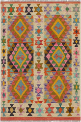 Flat Weave Kilim Antique Navaho Vintage handmade Geometric Kilim Beige Gold Hand-Woven Rectangle 100% Wool Area Rug 3x5