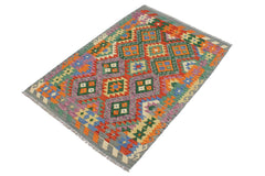 Flat Weave Kilim Antique Navaho Vintage handmade Geometric Kilim Gray Rust Hand-Woven Rectangle 100% Wool Area Rug 3x5