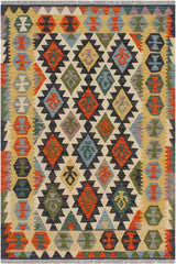 Flat Weave Kilim Antique Navaho Vintage handmade Geometric Kilim Blue Gold Hand-Woven Rectangle 100% Wool Area Rug 3x5