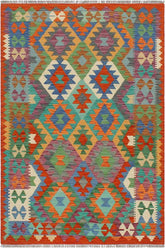 Flat Weave Kilim Antique Navaho Vintage handmade Geometric Kilim Blue Rust Hand-Woven Rectangle 100% Wool Area Rug 3x5