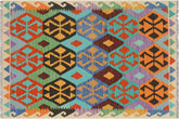 handmade Geometric Kilim Blue Beige Hand-Woven RECTANGLE 100% WOOL area rug 3 x 5