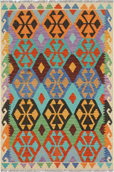 Flat Weave Kilim Antique Navaho Vintage handmade Geometric Kilim Blue Beige Hand-Woven Rectangle 100% Wool Area Rug 3x5