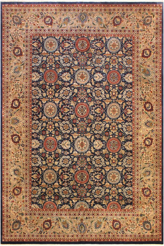 Traditional Agra Tabriz Johanna Blue Tan Hand Knotted Area rugs 10 x 14