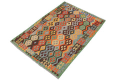 Flat Weave Kilim Antique Navaho Vintage handmade Geometric Kilim Gray Green Hand-Woven Rectangle 100% Wool Area Rug 5x7