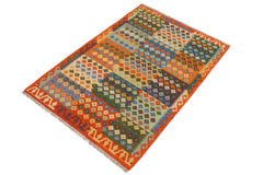 Flat Weave Kilim Antique Navaho Vintage handmade Modern Kilim Beige Rust Hand-Woven Rectangle 100% Wool Area Rug 4x6