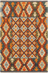 Flat Weave Kilim Antique Navaho Vintage handmade Geometric Kilim Blue Rust Hand-Woven Rectangle 100% Wool Area Rug 4x5