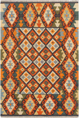 Flat Weave Kilim Antique Navaho Vintage handmade Geometric Kilim Blue Rust Hand-Woven Rectangle 100% Wool Area Rug 4x5