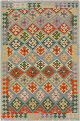 Flat Weave Kilim Antique Navaho Vintage handmade Geometric Kilim Blue Rust Hand-Woven Rectangle 100% Wool Area Rug 4x6