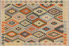 handmade Geometric Kilim Blue Beige Hand-Woven RECTANGLE 100% WOOL area rug 5x6