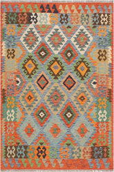 Flat Weave Kilim Antique Navaho Vintage handmade Geometric Kilim Blue Rust Hand-Woven Rectangle 100% Wool Area Rug 4x6
