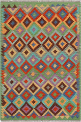 Flat Weave Kilim Antique Navaho Vintage handmade Modern Kilim Blue Green Hand-Woven Rectangle 100% Wool Area Rug 4x6