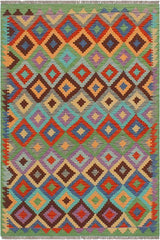 Flat Weave Kilim Antique Navaho Vintage handmade Modern Kilim Blue Green Hand-Woven Rectangle 100% Wool Area Rug 4x6