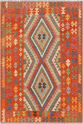 Flat Weave Kilim Antique Navaho Vintage handmade Geometric Kilim Blue Rust Hand-Woven Rectangle 100% Wool Area Rug 4x6