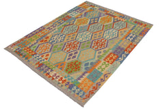 Flat Weave Kilim Antique Navaho Vintage handmade Geometric Kilim Blue Gray Hand-Woven Rectangle 100% Wool Area Rug 5x7