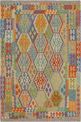 Flat Weave Kilim Antique Navaho Vintage handmade Geometric Kilim Blue Gray Hand-Woven Rectangle 100% Wool Area Rug 5x7