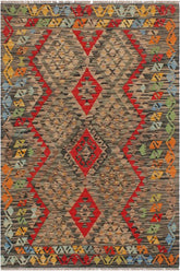 Flat Weave Kilim Antique Navaho Vintage handmade Geometric Kilim Red Green Hand-Woven Rectangle 100% Wool Area Rug 4x6