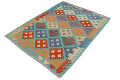 Flat Weave Kilim Antique Navaho Vintage handmade Modern Kilim Blue Rust Hand-Woven Rectangle 100% Wool Area Rug 4x6