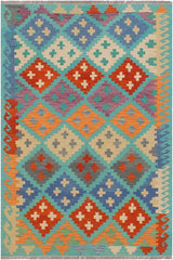 Flat Weave Kilim Antique Navaho Vintage handmade Modern Kilim Blue Rust Hand-Woven Rectangle 100% Wool Area Rug 4x6