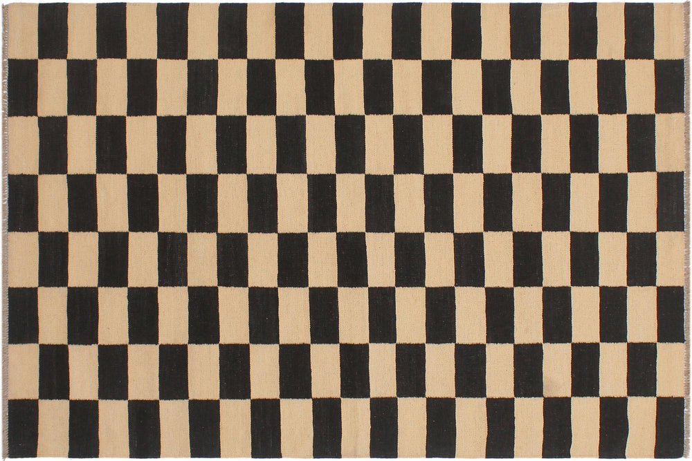 handmade Modern Kilim Beige Black Hand-Woven RECTANGLE 100% WOOL area rug 4' x 6'