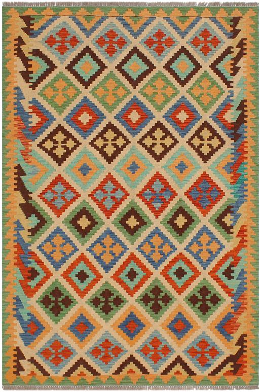 Flat Weave Kilim Antique Navaho Vintage handmade Modern Kilim Beige Green Hand-Woven Rectangle 100% Wool Area Rug 4x6