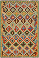 Flat Weave Kilim Antique Navaho Vintage handmade Modern Kilim Beige Green Hand-Woven Rectangle 100% Wool Area Rug 4x6
