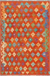 Flat Weave Kilim Antique Navaho Vintage handmade Modern Kilim Rust Blue Hand-Woven Rectangle 100% Wool Area Rug 5x7