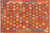 handmade Modern Kilim Rust Blue Hand-Woven RECTANGLE 100% WOOL area rug 5x7