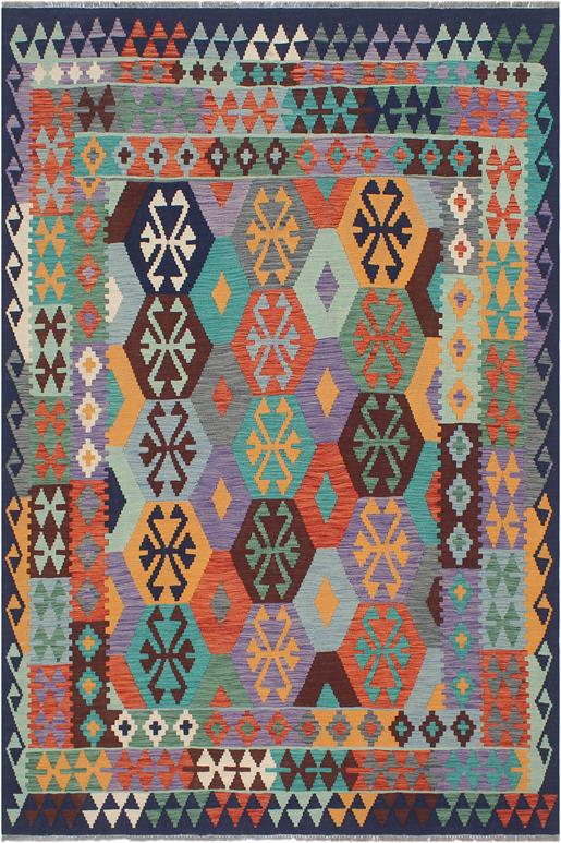Flat Weave Kilim Antique Navaho Vintage handmade Geometric Kilim Rust Blue Hand-Woven Rectangle 100% Wool Area Rug 6x8