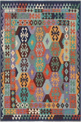 Flat Weave Kilim Antique Navaho Vintage handmade Geometric Kilim Rust Blue Hand-Woven Rectangle 100% Wool Area Rug 6x8