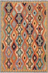 Flat Weave Kilim Antique Navaho Vintage handmade Geometric Kilim Rust Blue Hand-Woven Rectangle 100% Wool Area Rug 5x7