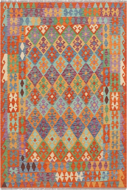 Flat Weave Kilim Antique Navaho Vintage handmade Geometric Kilim Blue Rust Hand-Woven Rectangle 100% Wool Area Rug 5x6