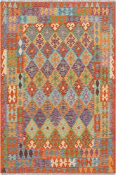 Flat Weave Kilim Antique Navaho Vintage handmade Geometric Kilim Blue Rust Hand-Woven Rectangle 100% Wool Area Rug 5x6