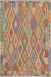 Flat Weave Kilim Antique Navaho Vintage handmade Geometric Kilim Blue Gray Hand-Woven Rectangle 100% Wool Area Rug 5x6