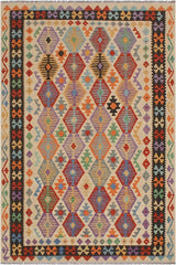 Flat Weave Kilim Antique Navaho Vintage handmade Geometric Kilim Beige Black Hand-Woven Rectangle 100% Wool Area Rug 6x8