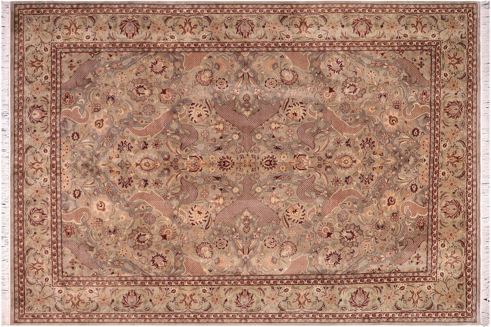 handmade Traditional Agra Green Brown Hand Knotted RECTANGLE 100% WOOL area rug 10x14